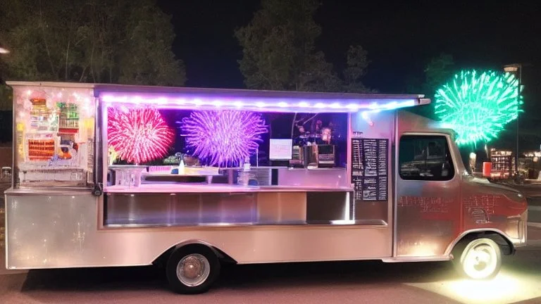 modern looking food truck that has a bunch of flashy lights and fireworks