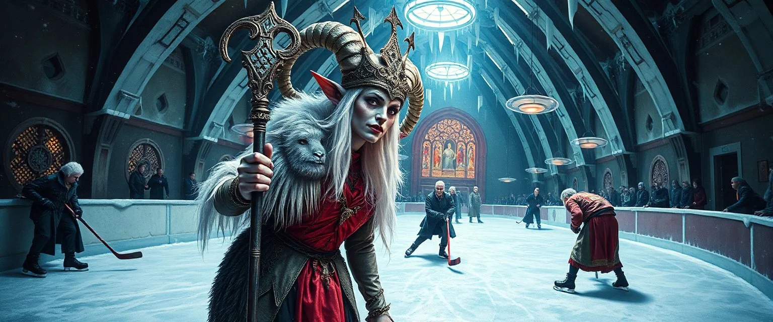 portrait of ice queen with sheep staff, pin hole cam, master oil painting by Rembrandt, d&d glam rock and glitter vampire gremlin illithid and lich playing hockey in ice skating hall or church, in the style of giger and escher, sci fi with floating little saucers