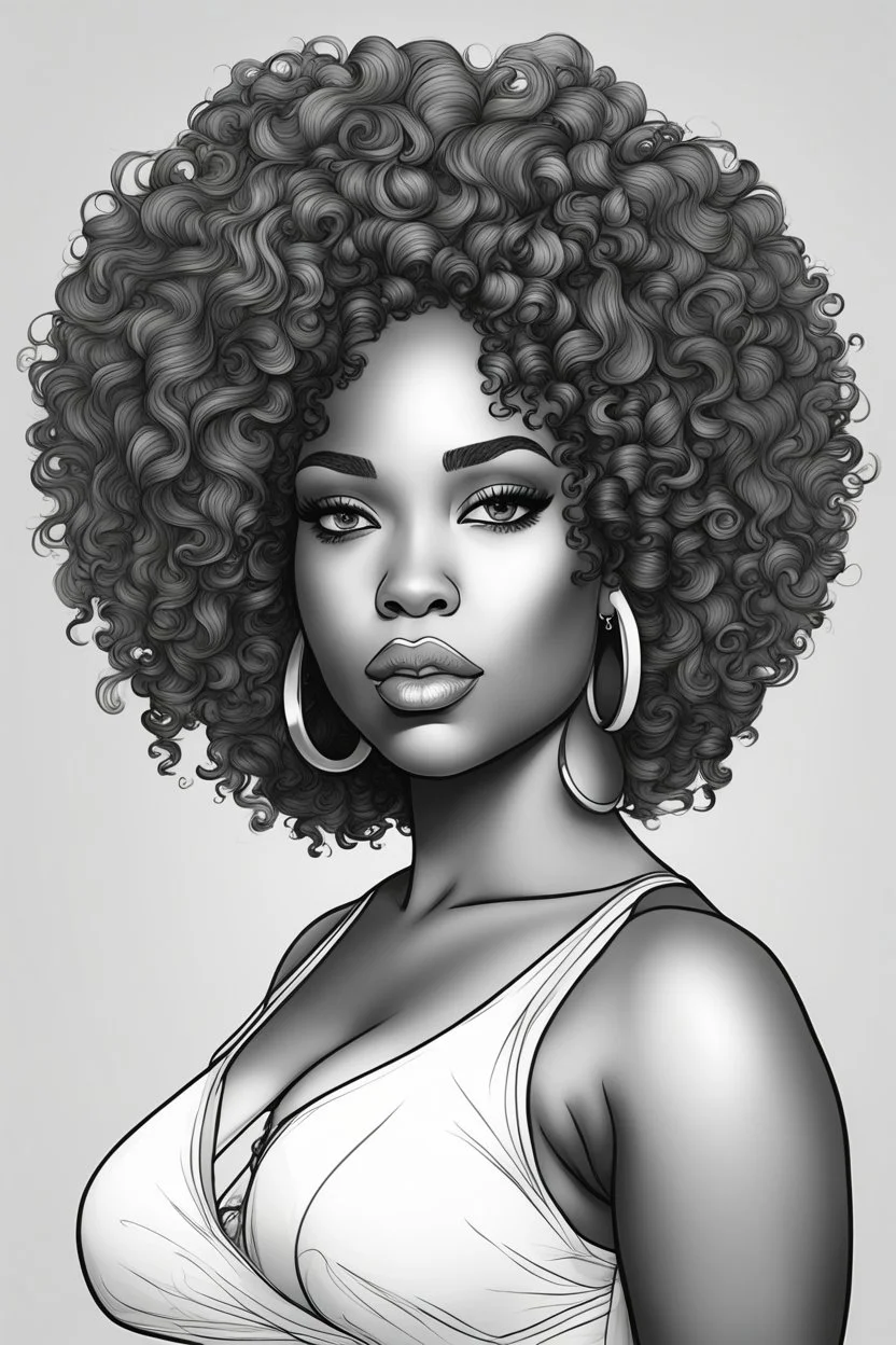 Create a coloring page of a beautiful curvy black female looking to the side with curly hair. No shading, No color, clean lines