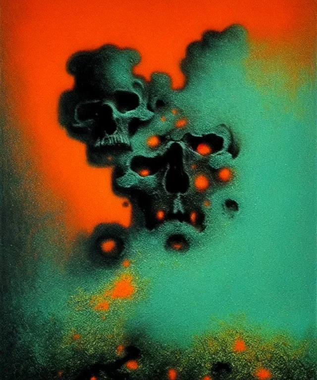 broken skull. black background. smoke and explode. particles in air. teal and orange. abstract. beksinski.