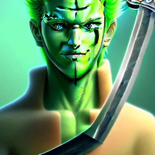 zoro, green hair, chainsawman, animestyle, denji, three chainsaw style, three sword style, majestic, soft pastel colors, soft smooth lighting, intricate detail, closed left eye, three sword, full body, sword handle in mouth, white skin,