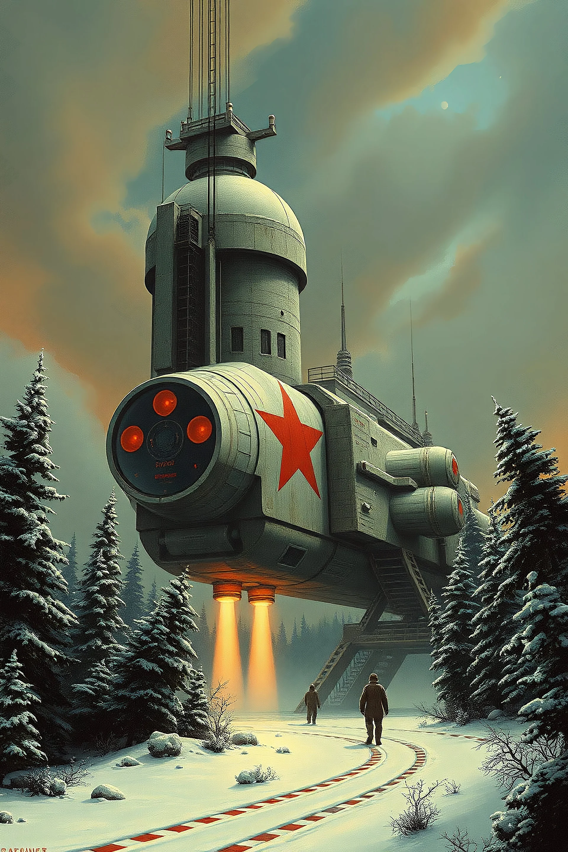 Comunist russian spaceship concept art, brutalism