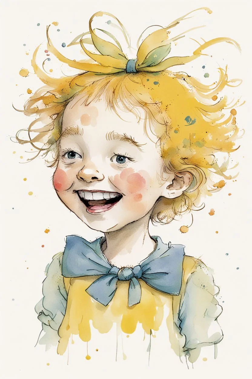 A whimsical colored illustration by Quentin Blake depicting a cute, funny happy 5 year old girl with yellow unkempt hair, wearing tufts of hair high on her head and wearing a bow.