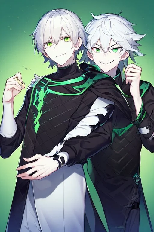 plauge doctor in balck leather clothes with silver hair, pale skin and bright green eyes smiling with sharp teeth, nice young face, male