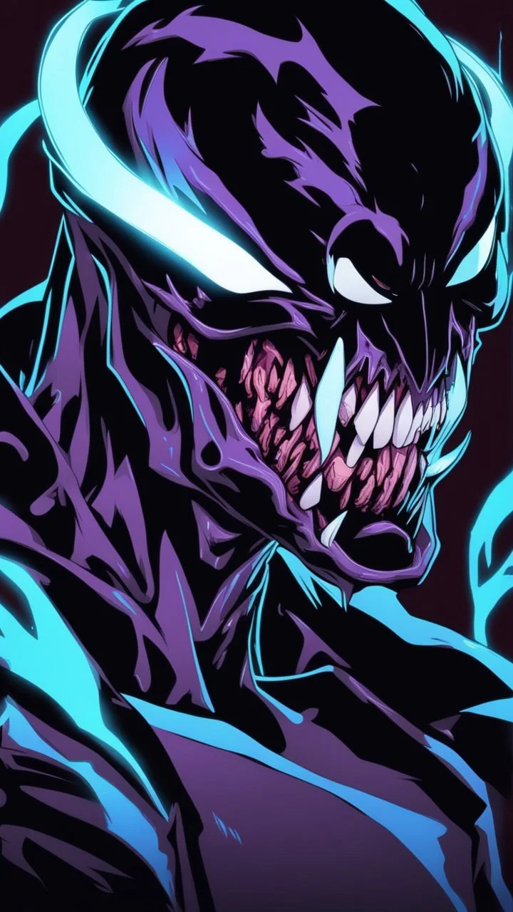 Mix between venom symbiote and Reaper in solo leveling shadow style with neon glowing blue