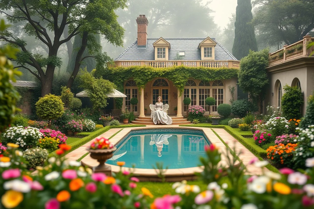 all scene is made of small colored cubes:a luxury villa yard with pool in center and pretty plants trees flowers, morning mist, lost paradise atmosphere,a pretty model lady in victorian clothing resting in a comfort far in villa yard in flowers .