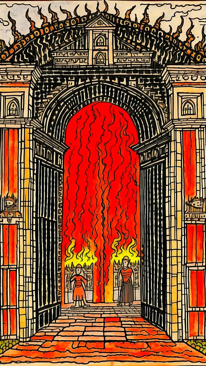 point of view of the entrance gate of hell in the style of egon shiele