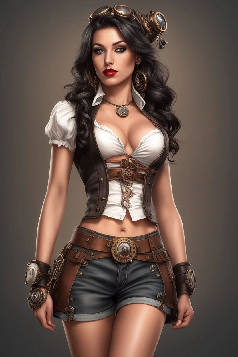 Photorealistic full-height photo of a fantasy skinny pin-up girl in steampunk shorts with long, dark hair