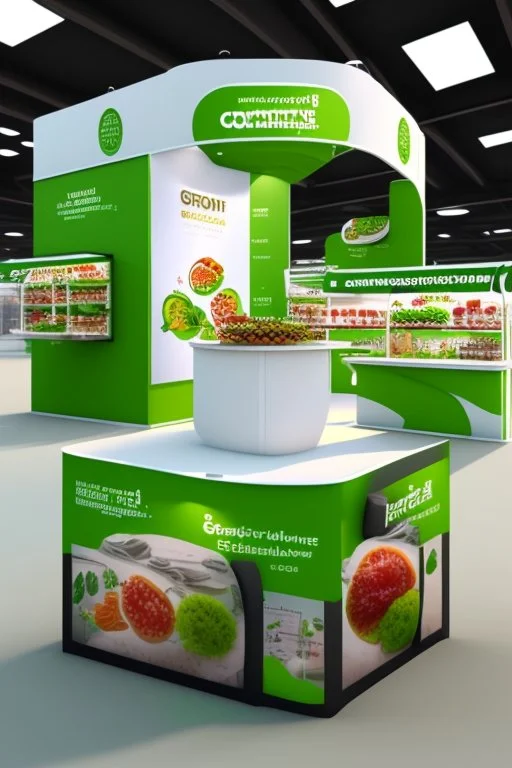 Corner green exhibition stand of a food company with product displays and a meeting area