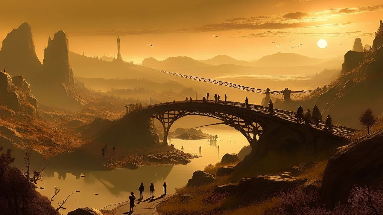 A surreal landscape with a long, winding bridge leading to a small town in the distance. The sky is a warm, golden hue and the terrain is rocky and mountainous. Silhouetted figures can be seen walking along the bridge, and there are small structures dotting the landscape.