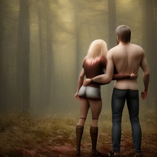 A photo realistic portrait of a beautiful scared blonde girl and a handsome muscular dark haired man in a lovers embrace standing in a forrest