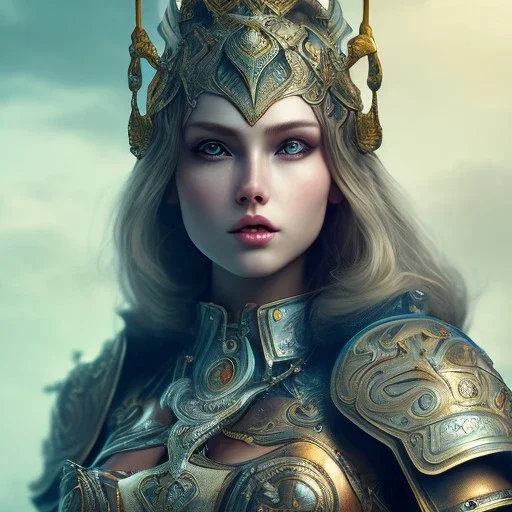 portrait of a warrior with godddes beautiful girl themed armour, extremely detailed, dslr, macro lens, perfect position,hyperphotorealistic, unreal engine, octane render