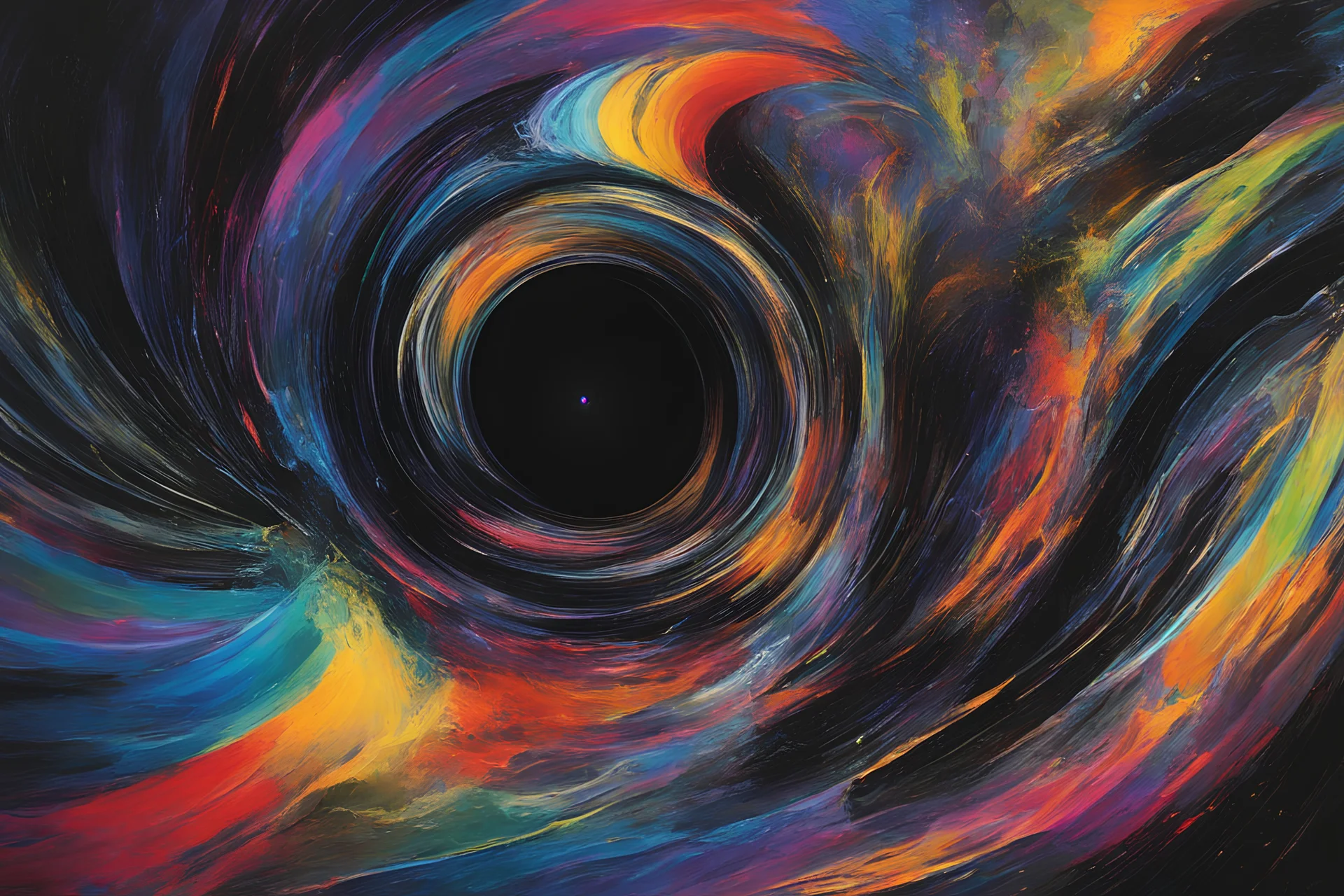 man, colorful, rainbow, A visually striking and abstract representation of the void and a black hole, utilizing dark hues and dynamic shapes to evoke the enigmatic and powerful aspects of cosmic emptiness, (visually striking abstract representation:1.4), (the void and black hole:1.5), (dark hues and dynamic shapes:1.3), (expressive and cosmic ambiance:1.2), drawing inspiration from abstract interpretations of the cosmic void and black hole phenomena