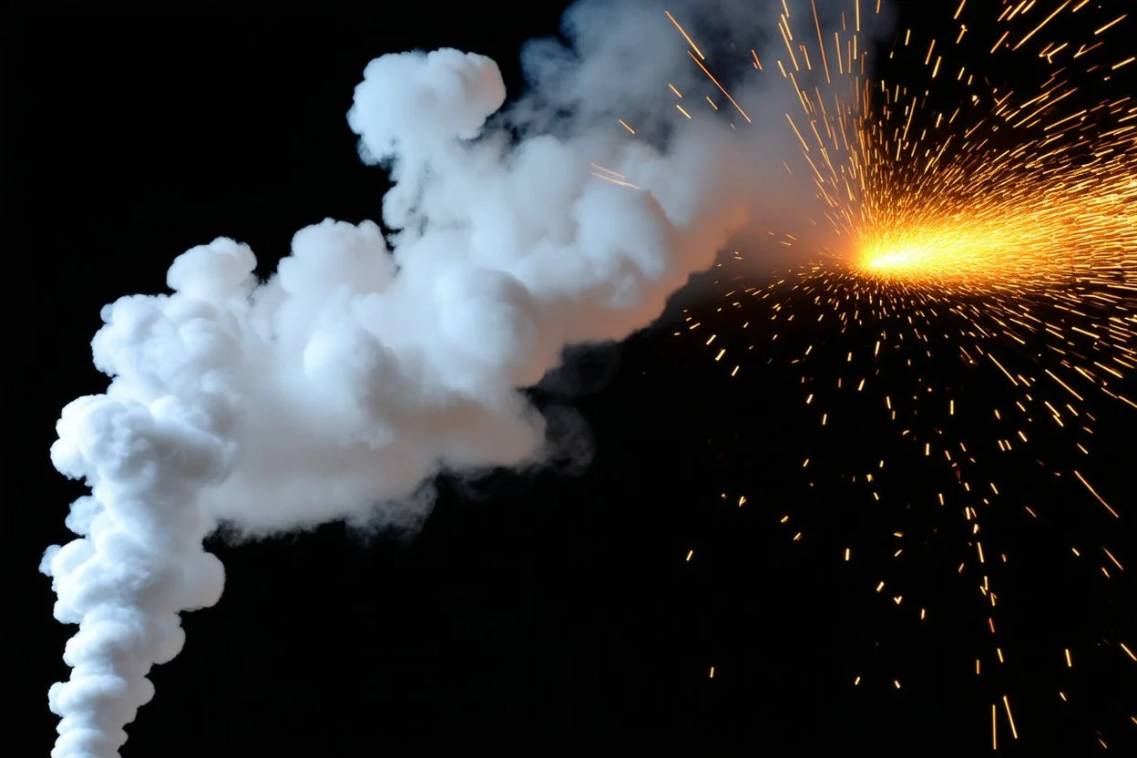 dark background. billowing white smoke (front, spiraling from bottom right side and across), lighting bolt (back, middle from left to right), orange metal sparks (spray across) from grinder(bottom right). energetic