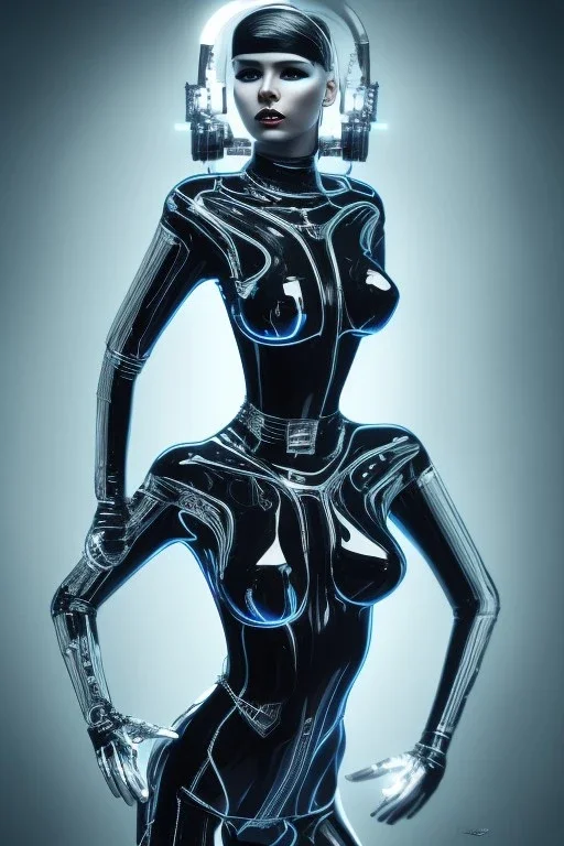 cyberpunk, black latex body, women, body portrai, big boobs, highlight eyes perfect, skin, tron, cyborg, perfekt sexy, real, dream, hr giger