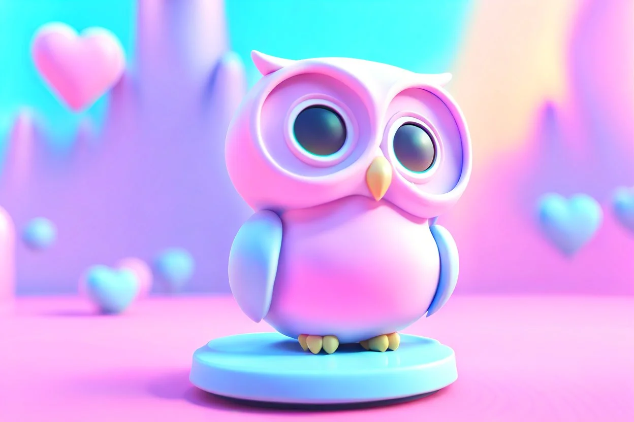 Air Quality monitor with LCD display, Tiny cute isometric Owl like emoji, Cyberpunk, futuristic, heart shape, soft lighting, soft pastel colors, 3d icon clay render, blender 3d, pastel background --v 4 --s 750