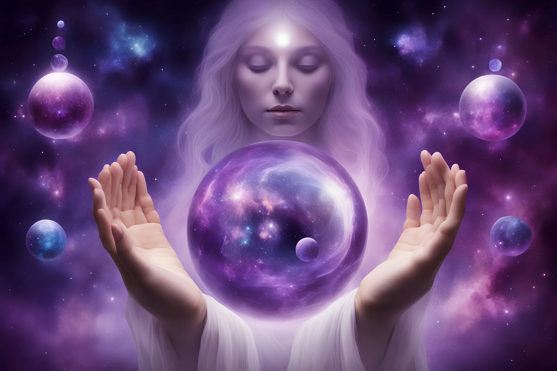 kundalini, connected to the universe, few colours of galaxy, holding galaxies in few hands in glass balls, purple colours, few more