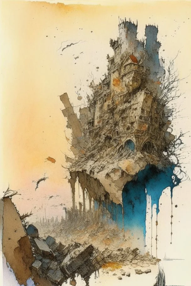 Destroyed City, war, debris, stone, breched, brocken, Perspektiv from the sky, by Jean-Baptiste Monge, Ivan Bilibin, Albert Bierstadt, Reza Badrossama, watercolor ink, pencil sketch, splash art, intricate details, fantasy, beautiful, oil on canvas, award winning, imperial colours, fantastic view, radient colours, very attractive, crisp quality