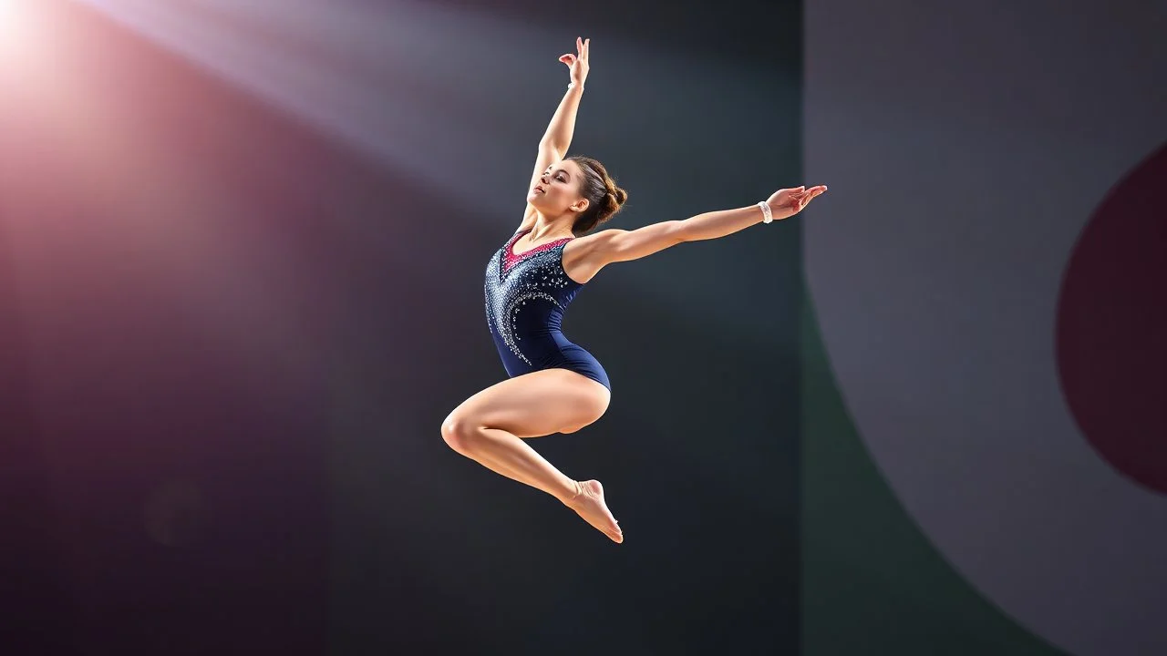 a gymnast lady is showing her spring floors perfomance in olympic games