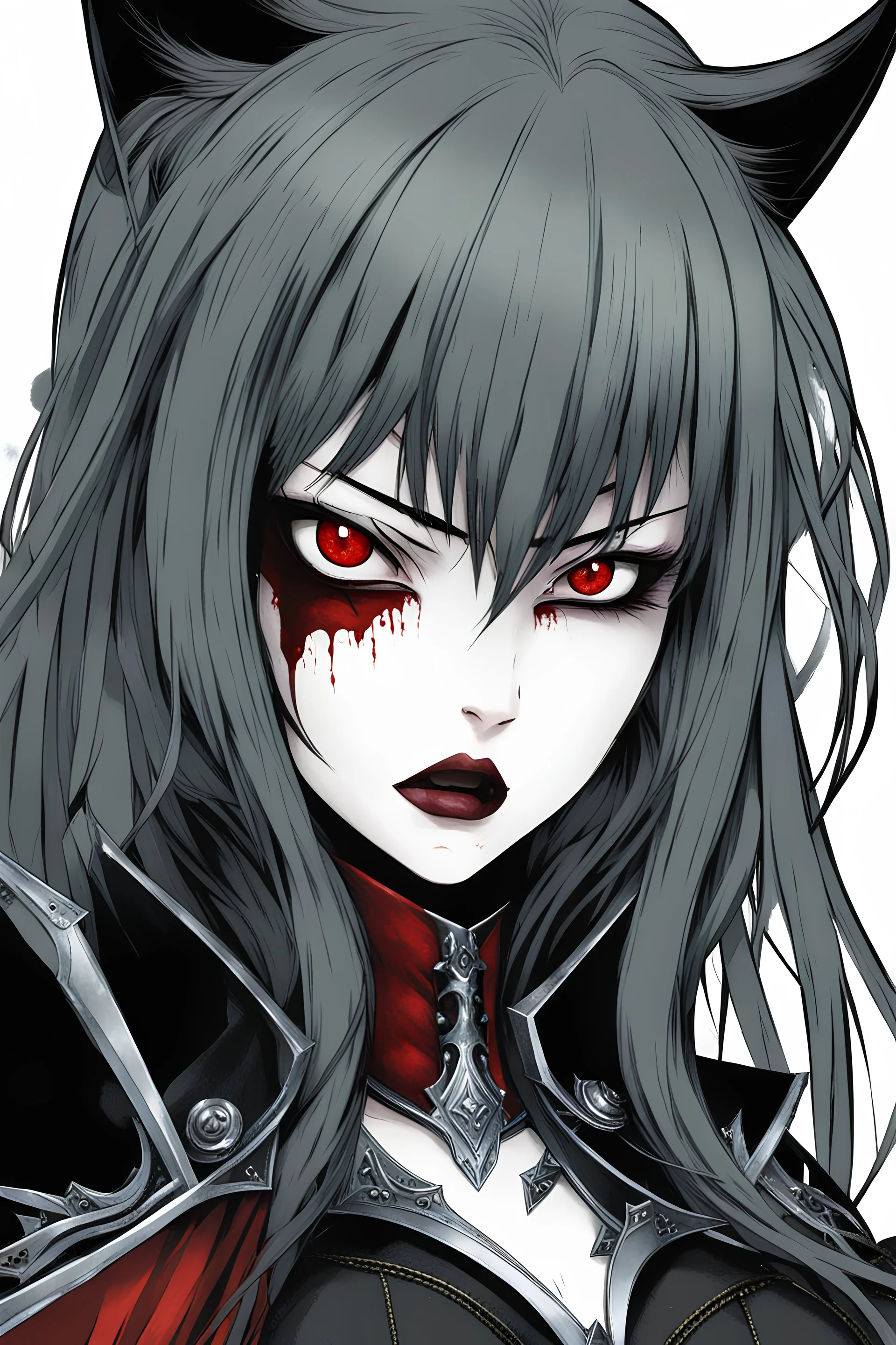 sadayo suzumura art, kazuma kaneko ART, a vampire girl, vampire teeth, angry face looking at the camera, wearing a armor, blood in her face, long red hair, white eyes, Black nails, inside of an Elden castle, close up on her face, cat ears