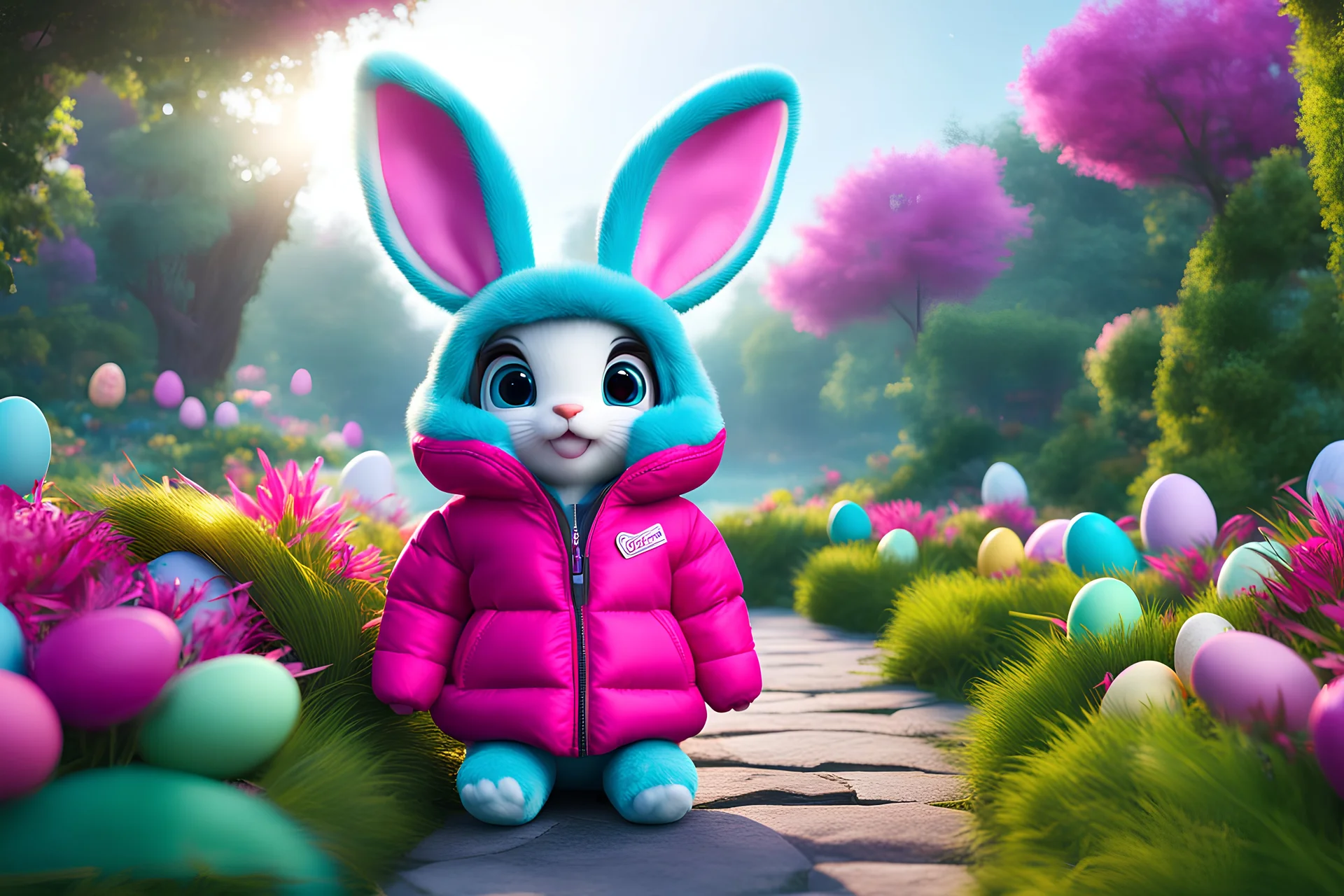 easter holidays, pixar art style of cute pixie smiling plush bunny with large eyes, full siting body, magenta puffer jacket, manila city backdrop, by mobeius, large easter decorations, in the garden of Eden, stylized vegetation, turquoise water ground-level view, foggy atmosphere, hyper detailed, digital art, trending in artstation, cinematic lighting, unreal engine 5 rendered, octane rendered, art style by klimt and nixeu and ian sprigger and wlop and krenz cushart