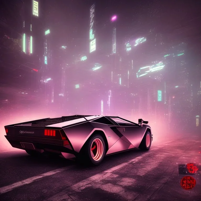 cyberpunk version of Lamborghini Countach under a bright light during nighttime