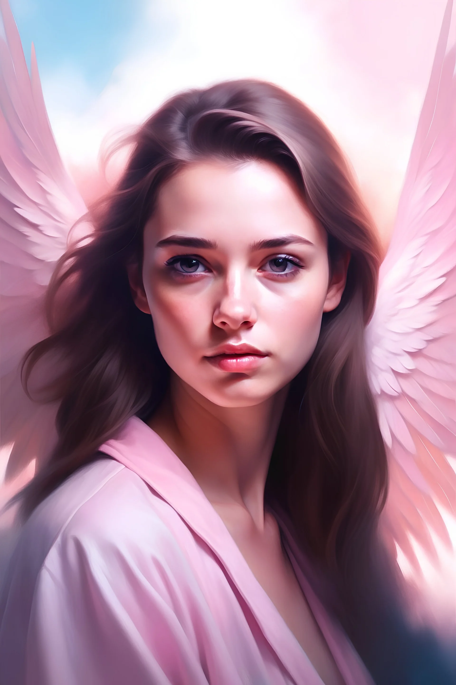 Young woman angel with large soft pink wings, lovely face, Dark brown eyes, elegant coat, dark medium hair, photorealistic, triadic colors, soft water colours painting
