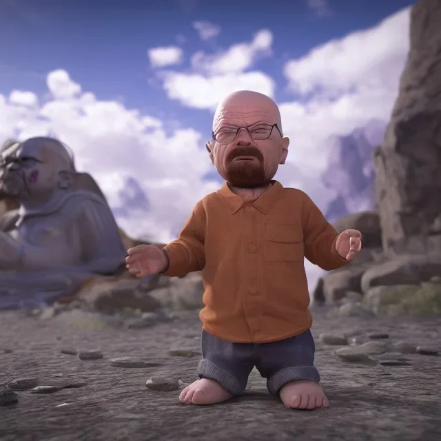 Walter white toddler, full body, angry, Buddha body, dynamic pose, tokio background, dramatic lighting, hyper realistic, unreal engine, 8k, upscale