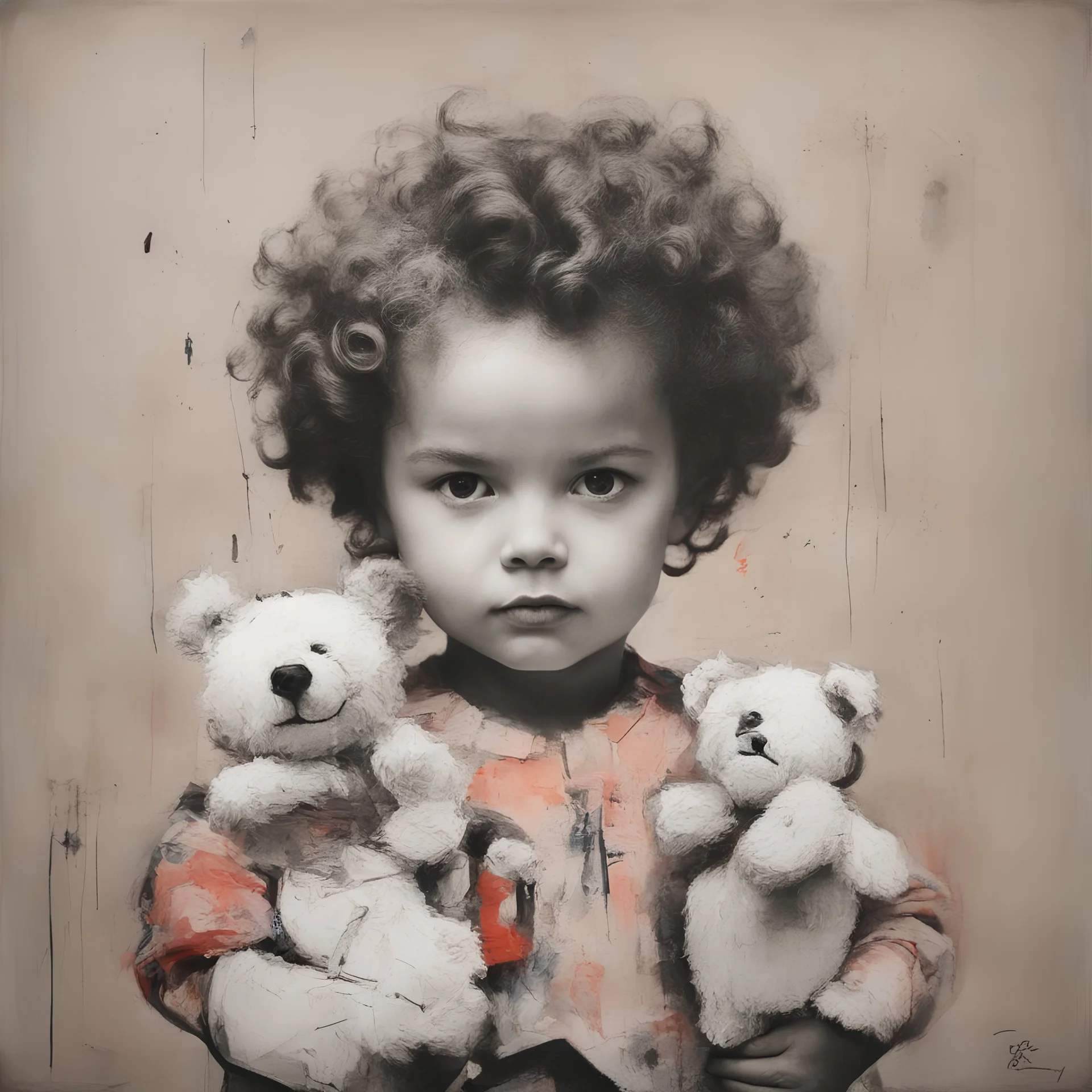 Shirley temple with a teddy bear in the style of jean Michel basquiat