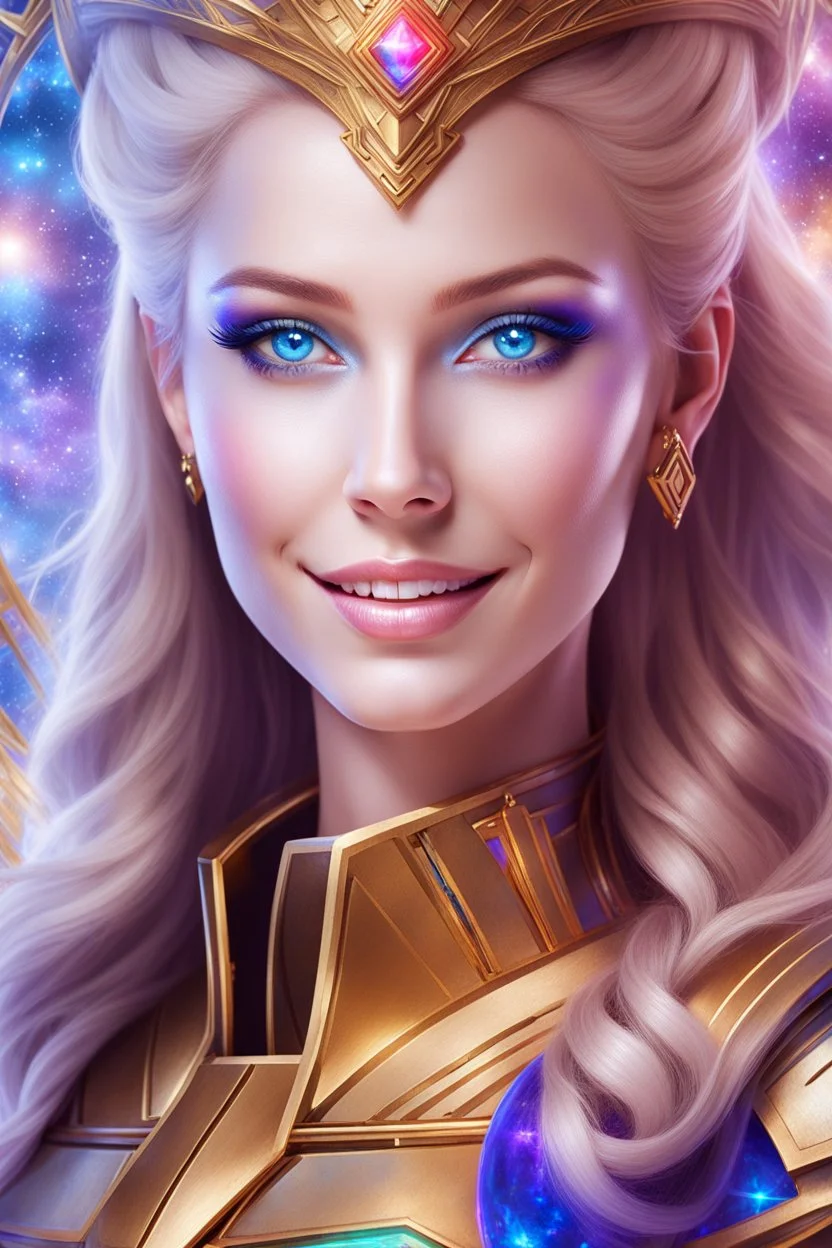 cosmic woman smile, admiral from the future, one fine whole face, crystalline skin, expressive blue eyes,rainbow, smiling lips, very nice smile, costume pleiadian, Beautiful tall woman pleiadian Galactic commander, ship, perfect datailed golden galactic suit, high rank, long blond hair, hand whit five perfect detailed finger, amazing big blue eyes, smilling mouth, high drfinition lips, cosmic happiness, bright colors, blue, pink, gold, jewels, realist, high commander