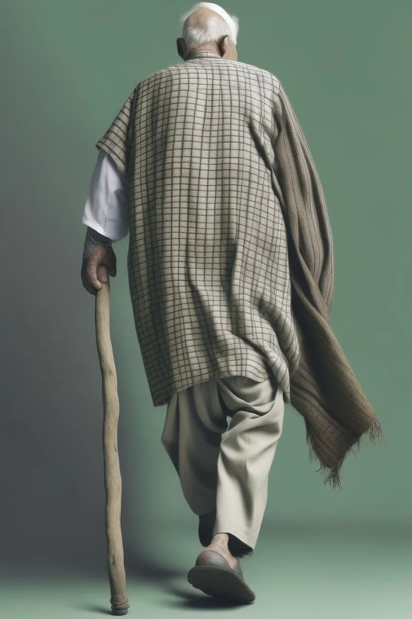 An old man wearing an Arabic keffiyeh, his back bent, walking barefoot, holding his cane upside down, looking back and holding his shoe in his hand.