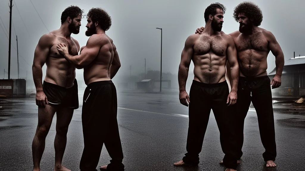 full figure shot photography of two men 31 year old dirty burly strong angry stocky sicilian mechanics kissing embraced, wet , sweat, bullneck, curly beard, curly hair, manly chest, white boxer, at midnight, under the rain, , inside a car demolition parking lot, misery and poverty, open legs, photorealistic, look at camera, neon side light, very detailed , view from the ground , ambient occlusion