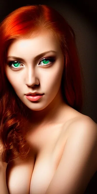 Studio portrait photo of a sexy and seductive woman age of 27, green cat eyes, red hair,very detailed face, studio lighting, fantasy, golden ratio, sharp focus color, corrected hyper detailed pino daeni