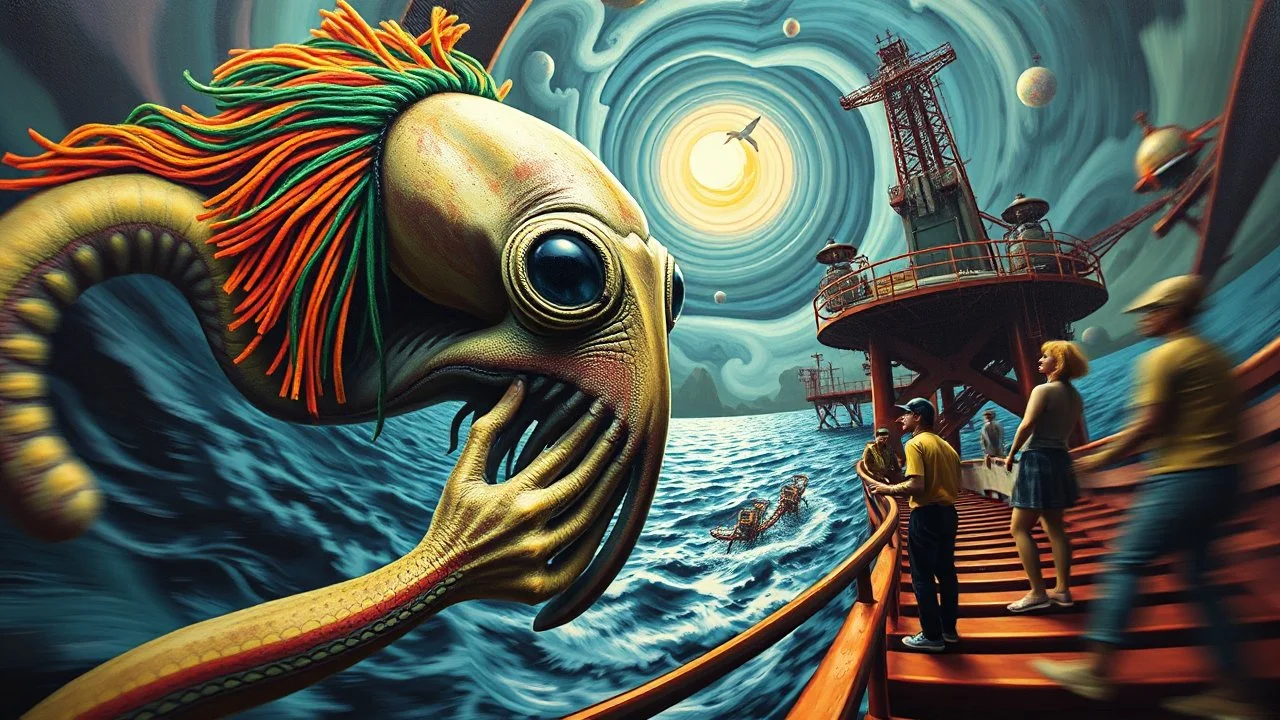 master oil painting by Dali and Escher, roller coaster hypno psycho alien squid with rasta wig breast feeding with some bad ass power off shore oil platform cyber punk people experiencing gravity at its worst, pin hole cam, twisted perspective, goa trance music poster, awake within a psychedelic mushroom dream, with some motion blur background, and hyper depth perception layout