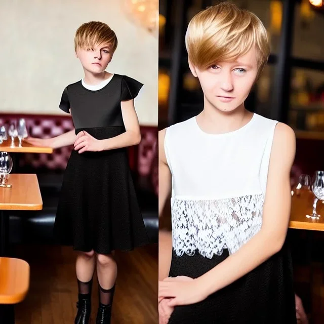 Russian tomboy boyish boylike short man's haircut boyish features in black girlish lacy cocktail dress in restaurant