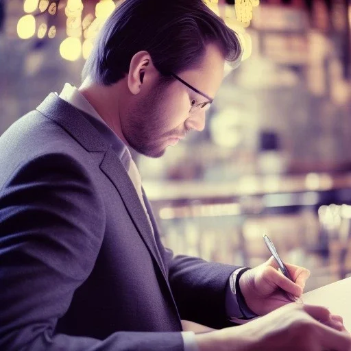 A sad, handsome writer writes some notes in a bar