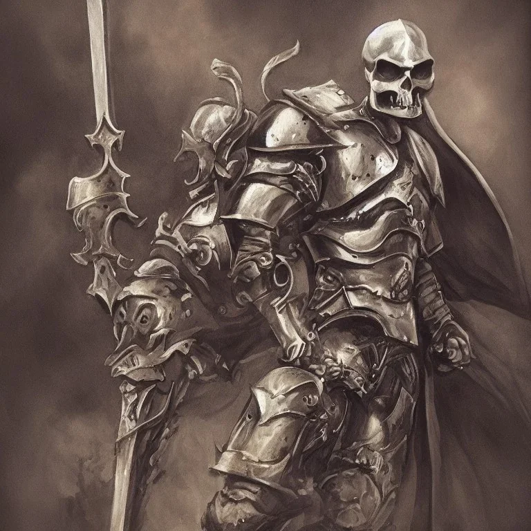 Skull head, knight with armor, big sword, standing still, smoke