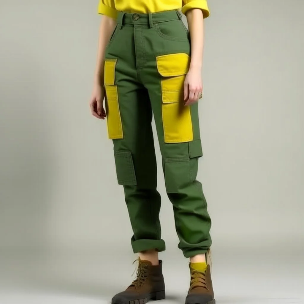 Women model catwalk wearing cargo jeans with patch jellow and green