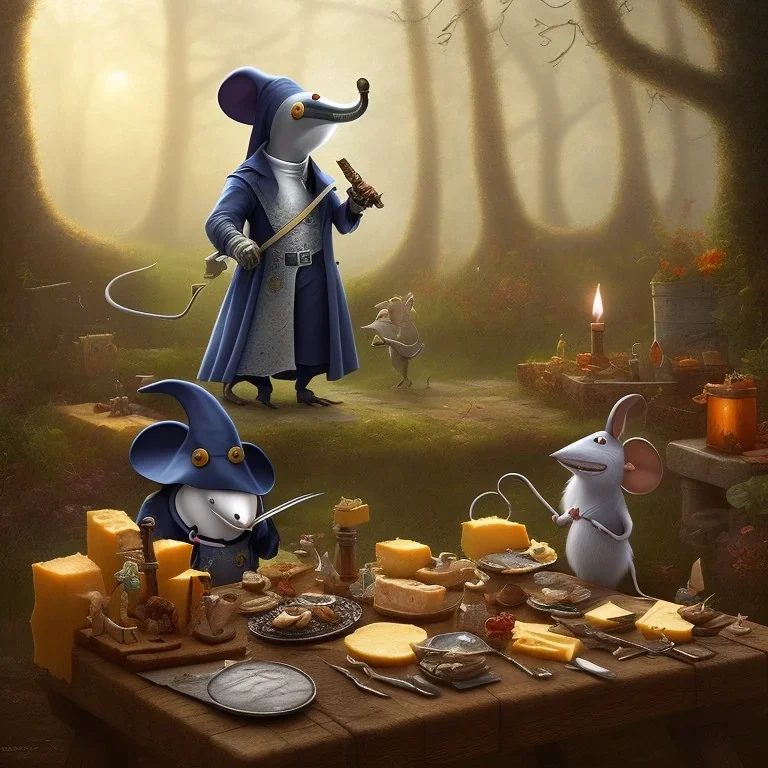 A Plague Doctor (AND) a Mouse having a port & cheese party in a forest by a river while mushrooms grow beside them, art by Pixar and Dreamworks