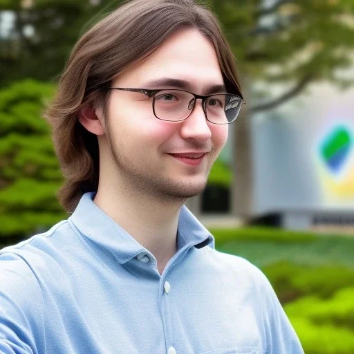 A long haired, male software engineer taking a selfie in front of Building 92 at Microsoft in Redmond, Washington