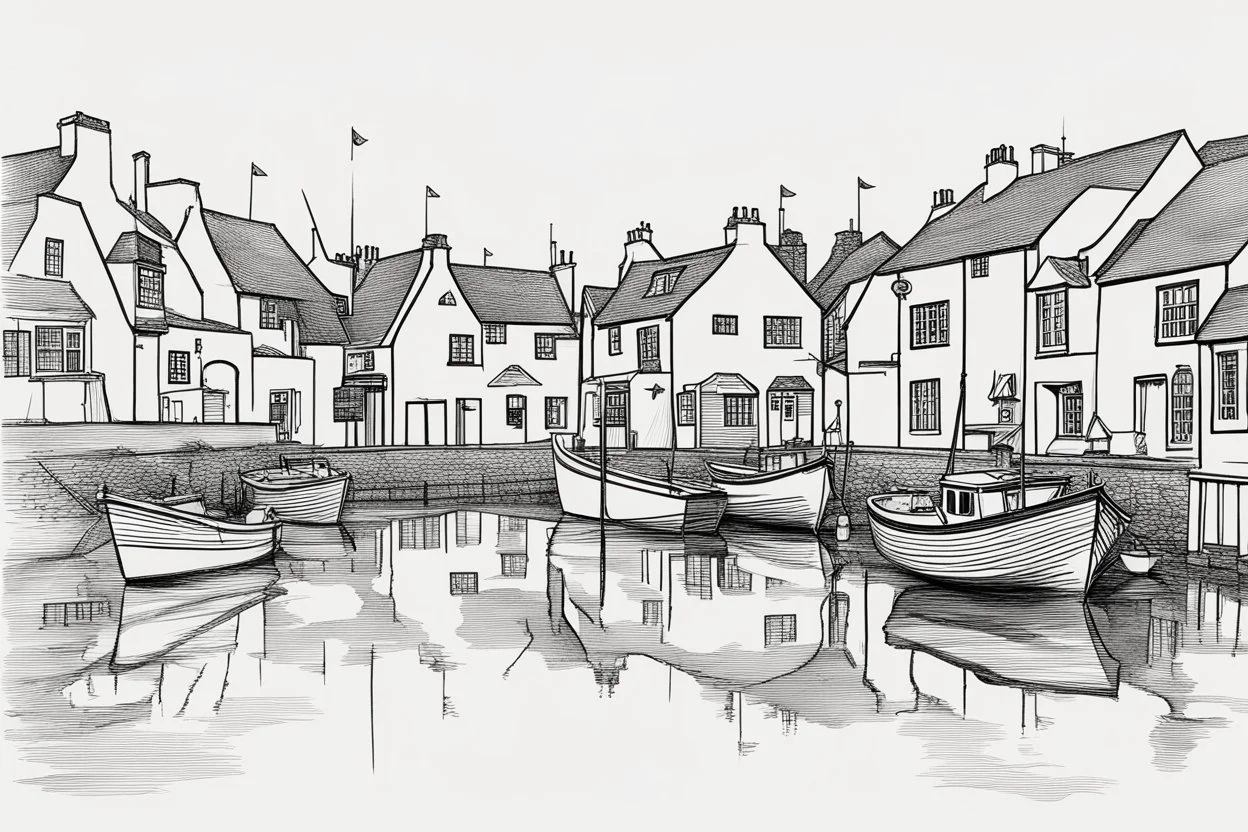 English fishing village light hb pencil line art minimalist outlines