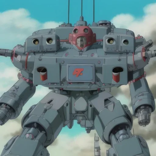 mecha with tracks for a tank. His body is armor and his hands are machine guns. The robot head has glass and the driver is an animal