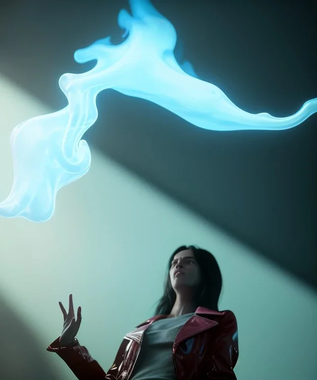 Ultra Realistic image, medium shot view, a woman making the fuck off gesture with his hand, blue smoke coming out of his nose and mouth, happy. Latex inflatable coat, soft color, highly detailed, unreal engine 5, ray tracing, RTX, lumen lighting, ultra detail, volumetric lighting, finely drawn, high definition, high resolution.