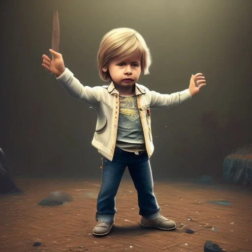 Mystery Kurt cobain toddler, full body, guitar, dramatique, art background, dramatic lighting, volumetric lighting, hyperrealisme, 8k, high quality, lot of details, fit within portrait, hyper realistic, unreal engine 5, uhd