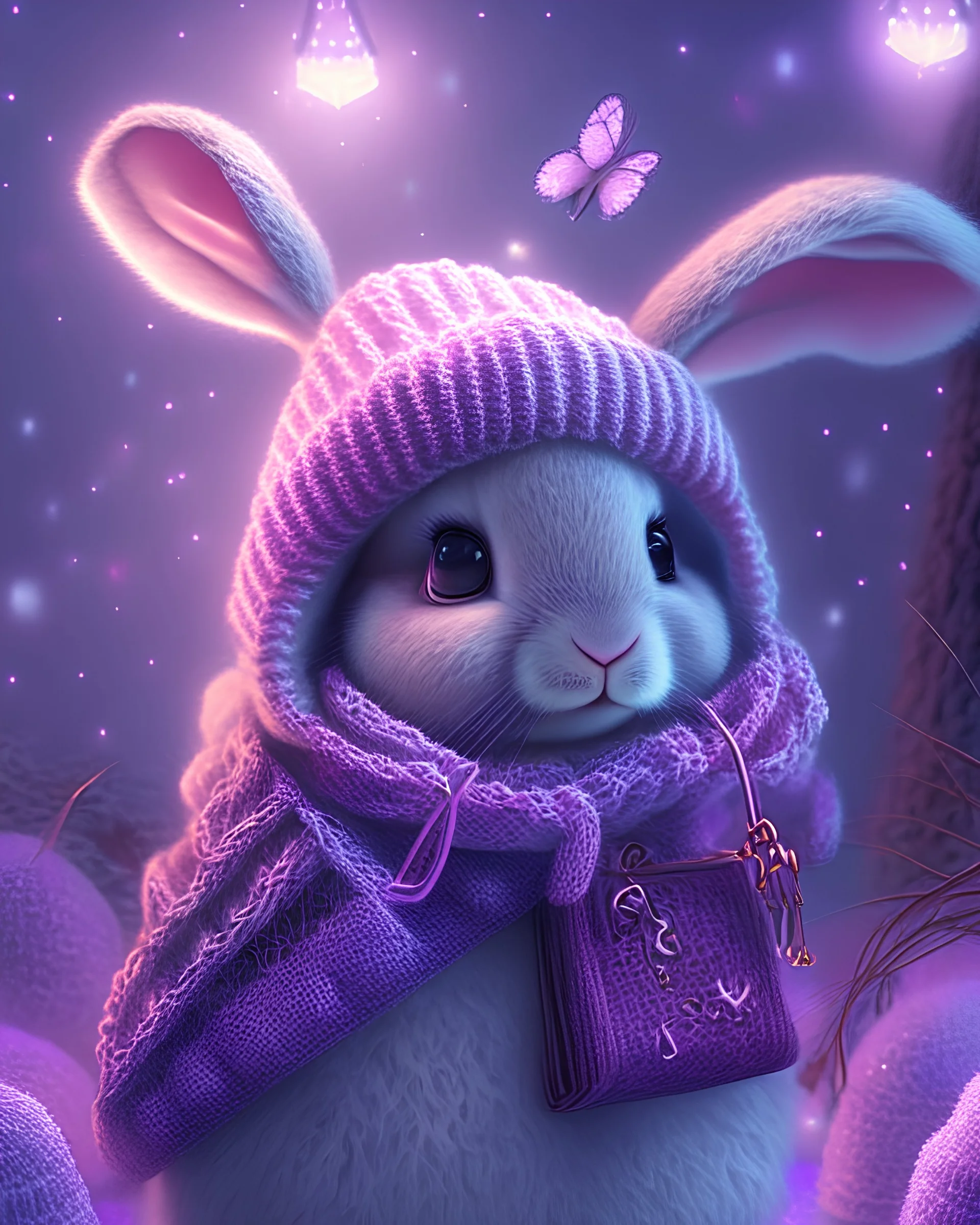 pink cute bunny in a knitted hat, in the midst of flickering lights, a magical forest, lilac fog, a cute muzzle, butterflies on a bunny’s jacket, a handbag with a picture of this bunny, bright eyes, soft fur, three-dimensional pattern,