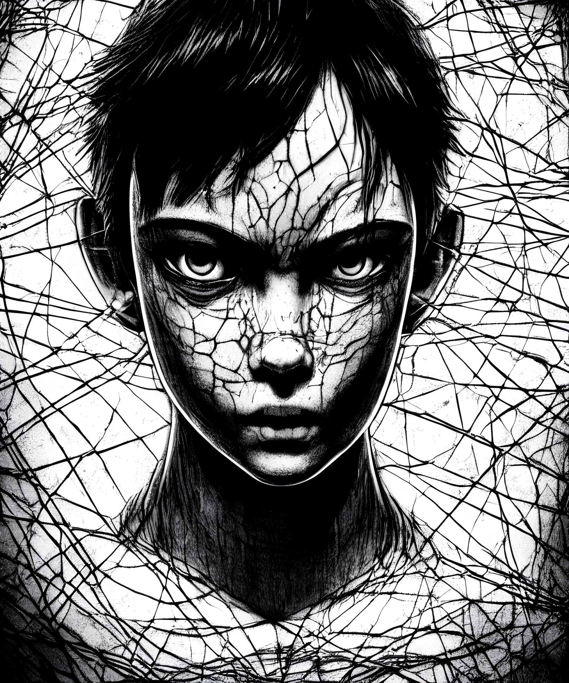 black and white portrait of the face of the sadness, ultra realist texture, intricate line, hdr, 8k, ultra symmetrical,dark futur, akira movie, stephen king style, goldorak anime style, octan render