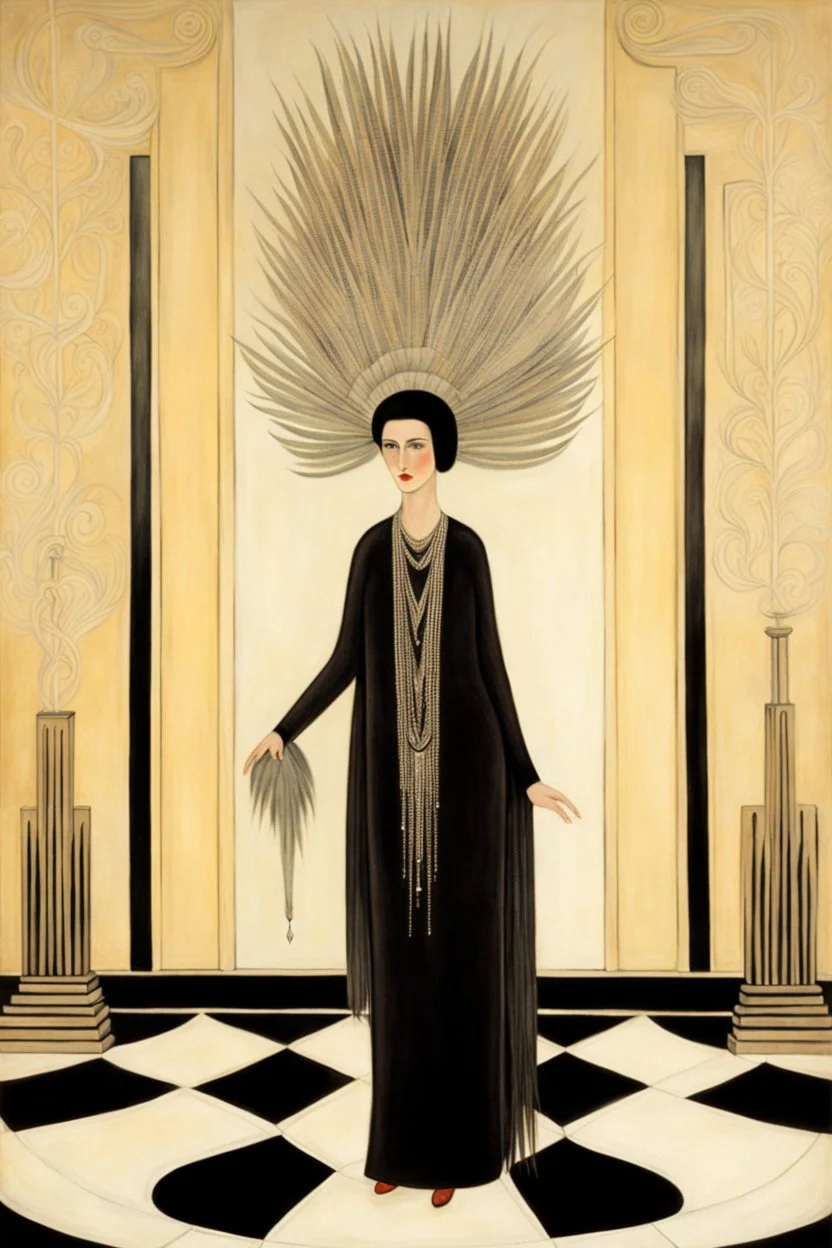 a woman with feathers in an Art Deco foyer by artist "Erté",by artist "Leonora Carrington"