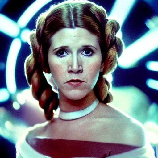 Hyperrealistic, 8k centered photographic portrait of [[Carrie Fisher as Princess Leia in Star Wars]], leica, 35 mm, technicolor, natural colors, telephoto, 24 mm, portrait photo by Annie Leibovitz, film, studio lighting, detailed skin, ultra realistic, bokeh, sharp features