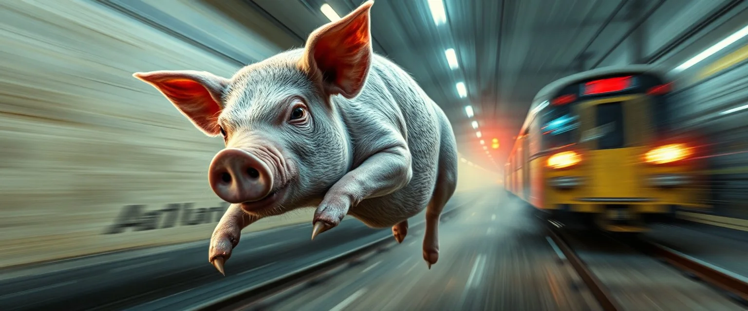 The world is getting creepier faster than a greased pig in a knife fight in a phone both on a runaway train on ai steroids. motion blurred background, speed and energy, goa trance poster