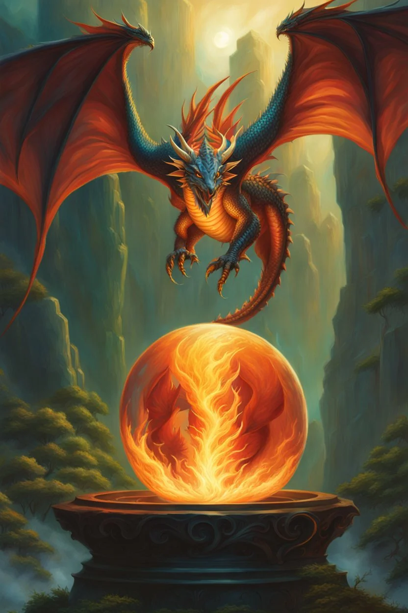 magic orb full of dragon fire. dragon with huge cloned wings. perfectly drawn claws. fantasy setting. concept art, intricately detailed, color depth, dramatic, colorful background. painted by Julie Bell